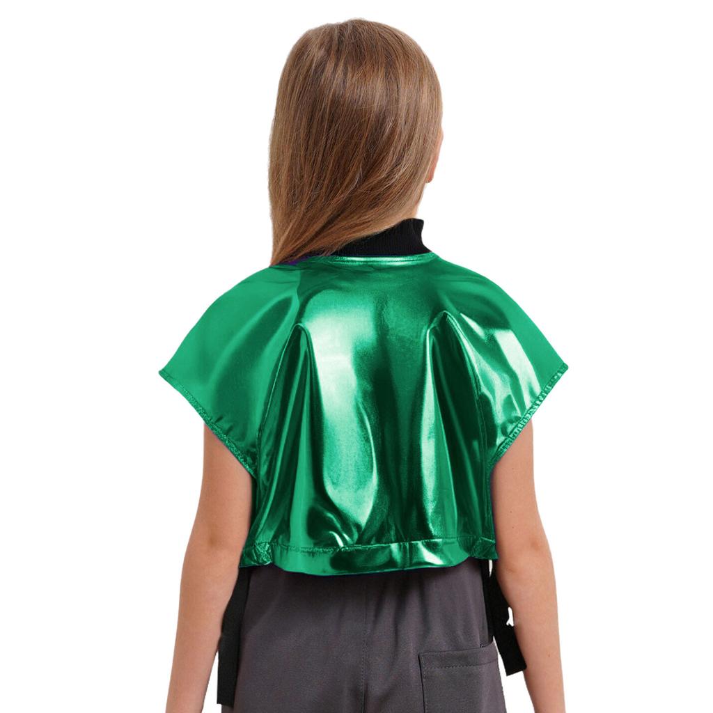 Girls Shiny Metallic Vest Sides Open Sleeveless Zipper Jacket Buckle Pockets Jazz Dance Costume