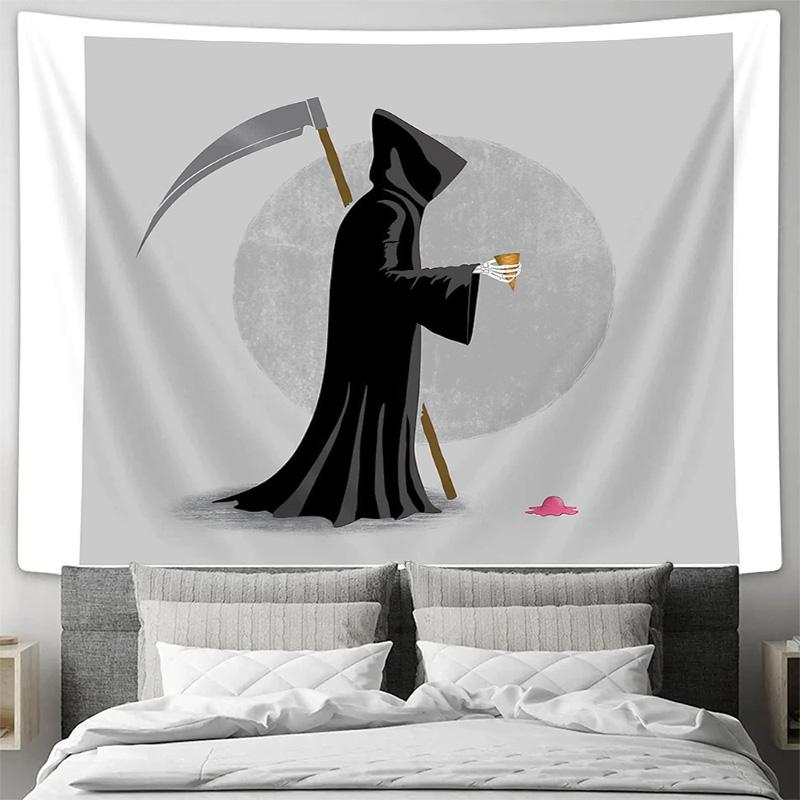 Gotische Gobelinenseide Sensenmann Wandbehang Dunkle Fantasie Heimdekoration Raumteiler Halloween Ästhetik Vaporwave Wandkunst
