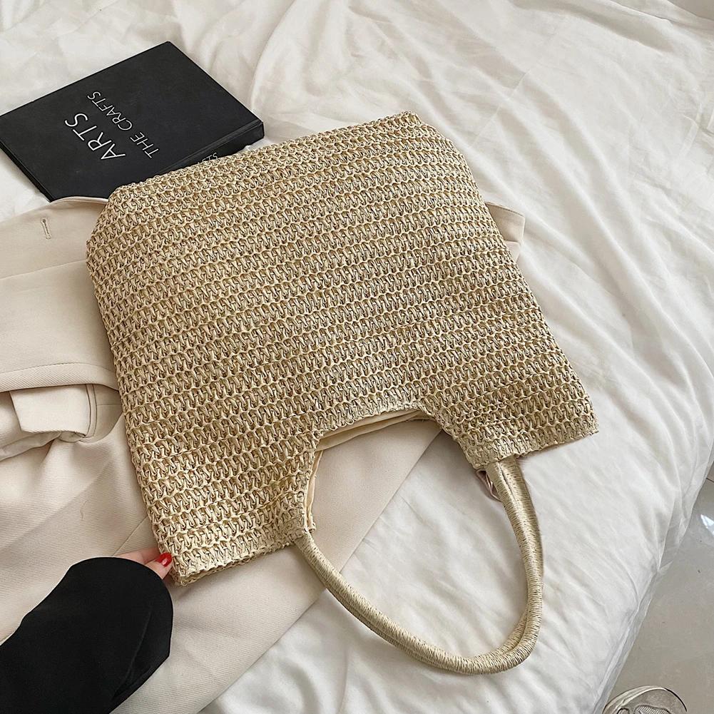 Women Straw Tote Handbag Large Capacity Crochet Beach Handbag Solid Color Weaving Travel Handbag Ladies Summer Daily Bag
