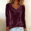 Women'S Solid Color Velvet Cowl Neck Blouse Long Sleeve Draped V-Neck Pullover Top Elegant Casual Loose Fit Fall Winter T Shirt