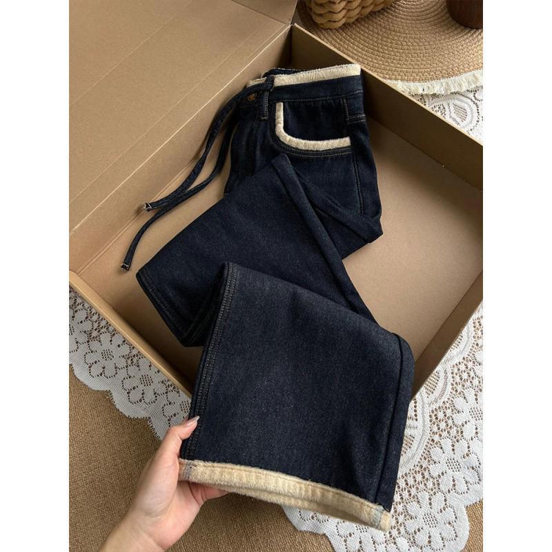 Retro Dark Blue Velvet-Lined Wide-Leg Jeans for Women - Winter 2024 Edition
