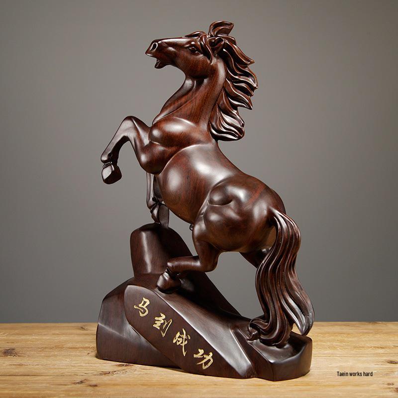 Ebony Wood Horse Carving: Solid Wood Ornament for Success - Handcrafted Home & TV Cabinet Decoration, Opening Gift