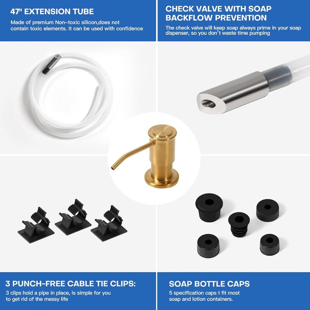 Soap Dispenser for Kitchen Sink, Brushed Gold Built In Soap Dispensers, Stainless Steel Sink Soap Dispenser or Lotion Dispenser Pump with 47"