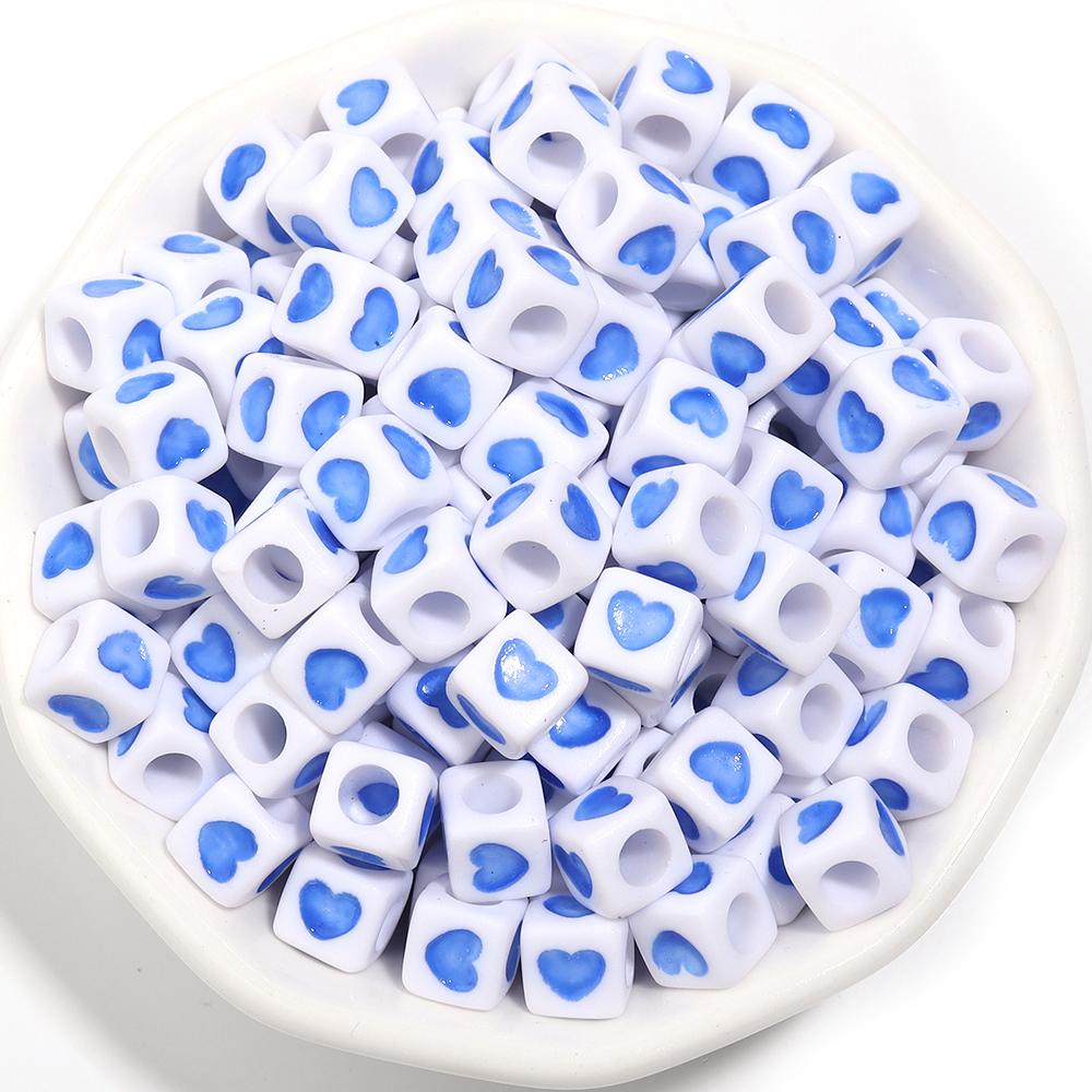 100Pcs 6mm Acrylic Drop Oil Beads Colorful Heart Pattern Square Loose Beads For DIY Bracelets Phone Chains Jewelry Supplies