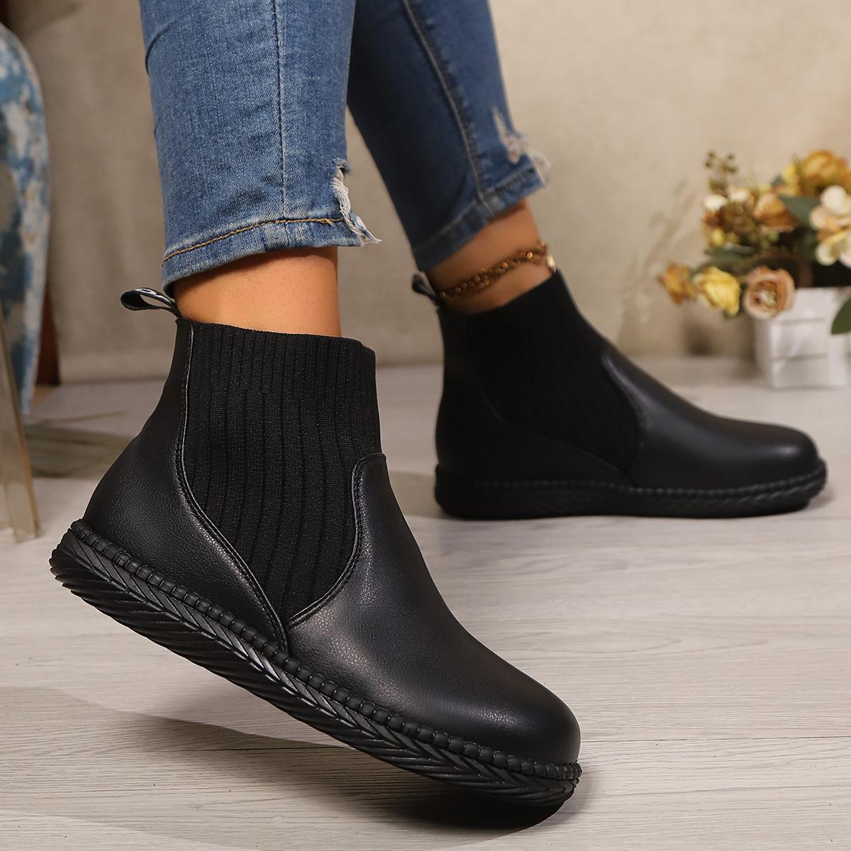 

Women s Platform Black Chelsea Boots British Style Fashion Round Toe Elastic Slip on Short Boots Female PU Leather Botas Mujer 35 чорний