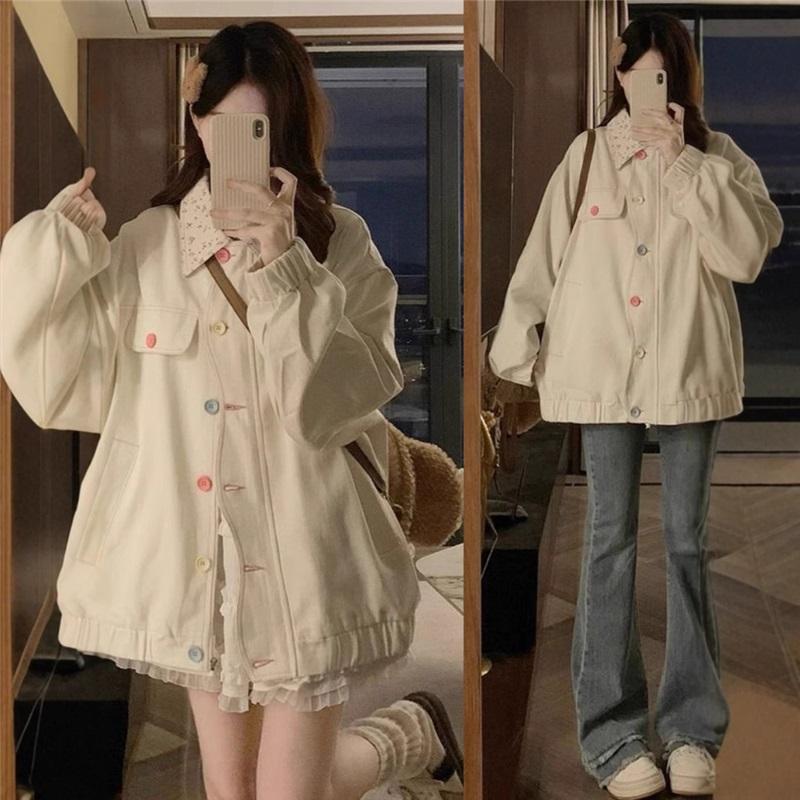 Cute Ruffle Collar Jacket For Women Oversized Casual Button Up Coat