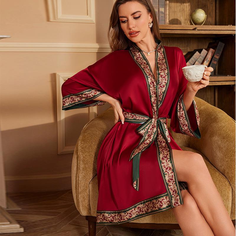 Yaoting Elegant Retro Chinese-Style Satin Nightgown for Women, Luxurious & Noble Home Bathrobe - Summer 3370.