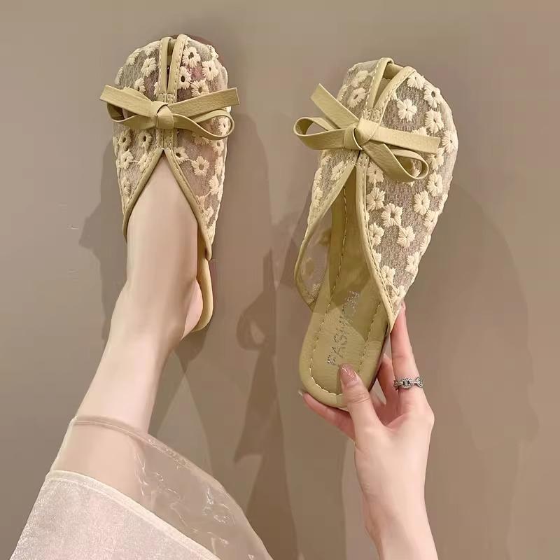 Baotou cool slippers women's summer wear bow velvet lace embroidery soft bottom non-slip fluffy half slippers