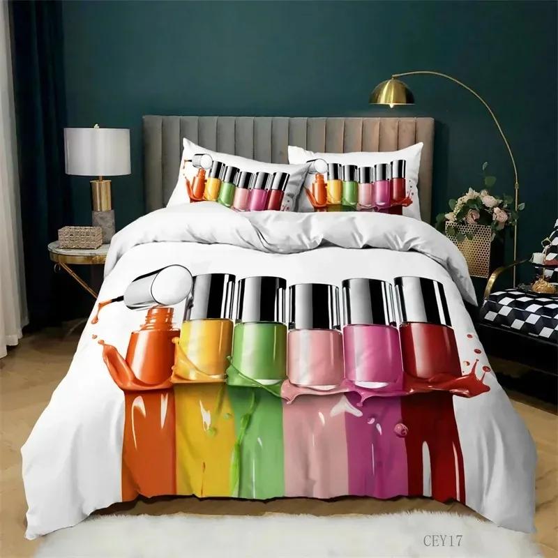 Fashion Bedding Set Makeup Cosmetic Theme Duvet Cover Polyester Perfume Lipstick Nail Polish Brush Print Quilt Cover King Size