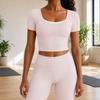 Womens Workout Top with Built in Bra Short Sleeve Criss Cross Back Athletic Yoga Shirt Padded Gym