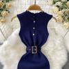 Summer Women Sleeveless Single Breasted Office Work Knitted Sweater Sheath Dresses with Belt