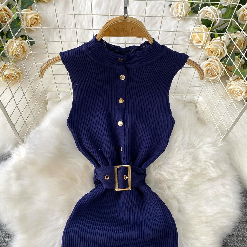 Summer Women Sleeveless Single Breasted Office Work Knitted Sweater Sheath Dresses with Belt