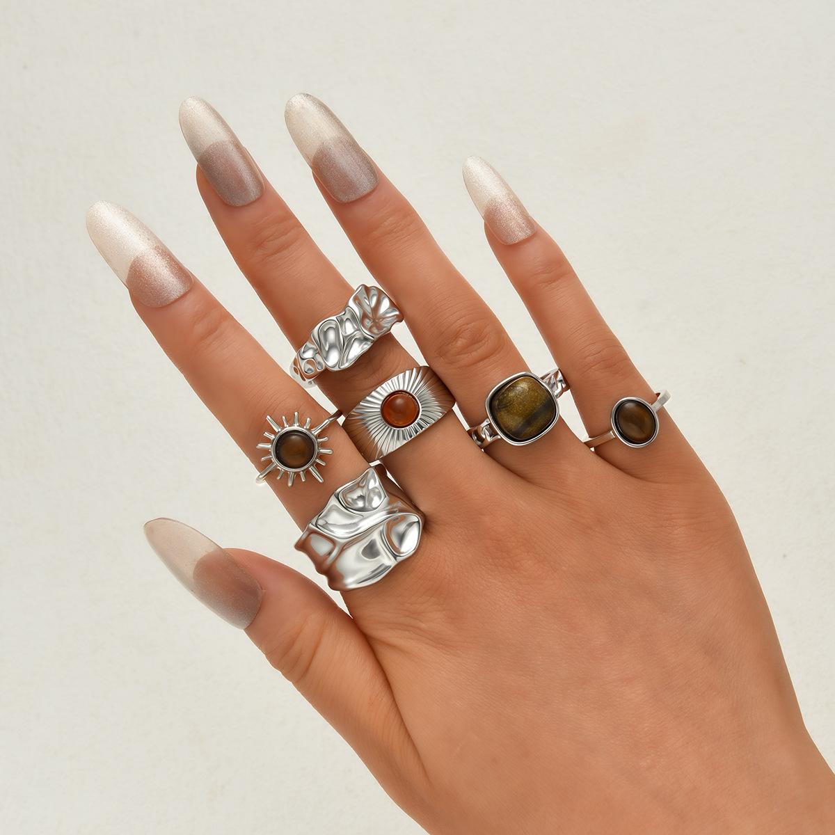 

6pcs Set Trendy Retro Maillard Tiger Eye Stone Gold Color Irregular Liquid Metal Opening Ring for Women Personality Jewelry Sets resizable