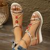 Fashion Bohemian Style Espadrille Wedge Sandals for Women Beaded Decor Ankle Strap Platform Sandals Woman Comfortable Summer Beach Shoes