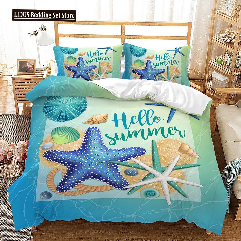 Sommerurlaub Thema Bettbezug Set King Queen Größe Strand Muschel Seestern Bettdeckenbezug für Kind Junge Mädchen Polyester Bettwäsche Set