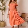 Summer new European and American off-shoulder orange dress with ruffled hem waist for slimming mid-length vacation dresses