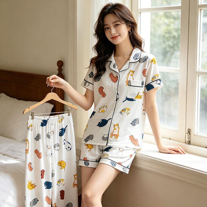 Summer Pajamas Women's Lazy Style Cartoon Kitten Cardigan Short-sleeved Three-piece Casual Women's Loungewear