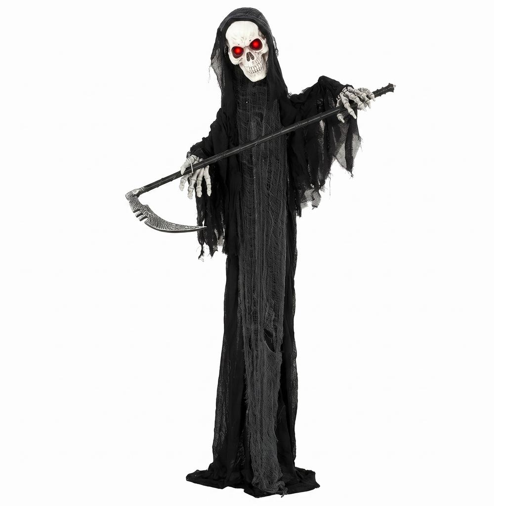 183cm Life Size Animated Grim Reaper Halloween Decoration, Scary Halloween Animatronics Decor with Sound Touch Activated