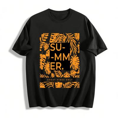 Summer Vibes Only Palm Leaf Print Vacation Style T-Shirt Pure Cotton T-shirt