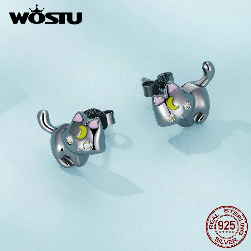 WOSTU Real 925 Sterling Silver Black Gold Cat Stud Earrings For Women Moon Kitten Earring Studs Lovely Birthday Party Gift