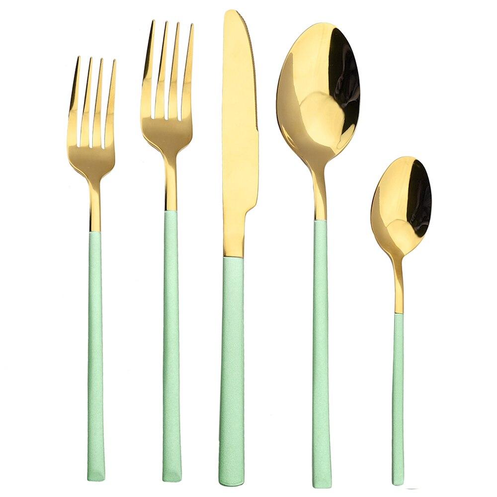 5Pcs Dinnerware Set Stainless Steel Tableware Set Knife Fork Spoon Dinner Set Black Gold Cutlery Set Kitchen Service for 6