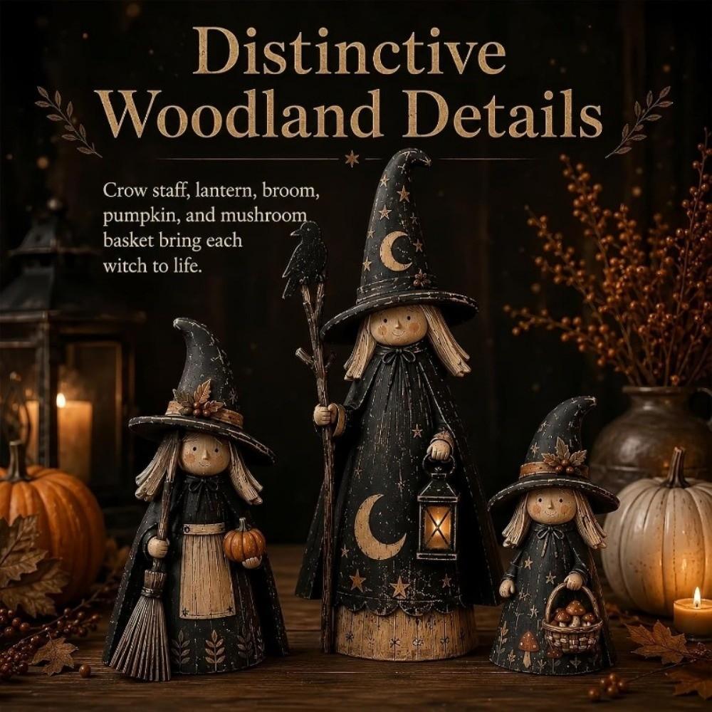 3pcs Wooden Crow Witch Statue Set Scarecrow Sculpture Halloween Witch Ornaments  Halloween
