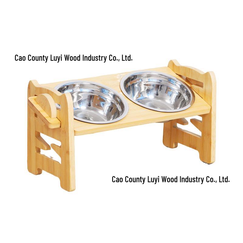 Adjustable Bamboo Dog Bowl Stand Natural Wood Color