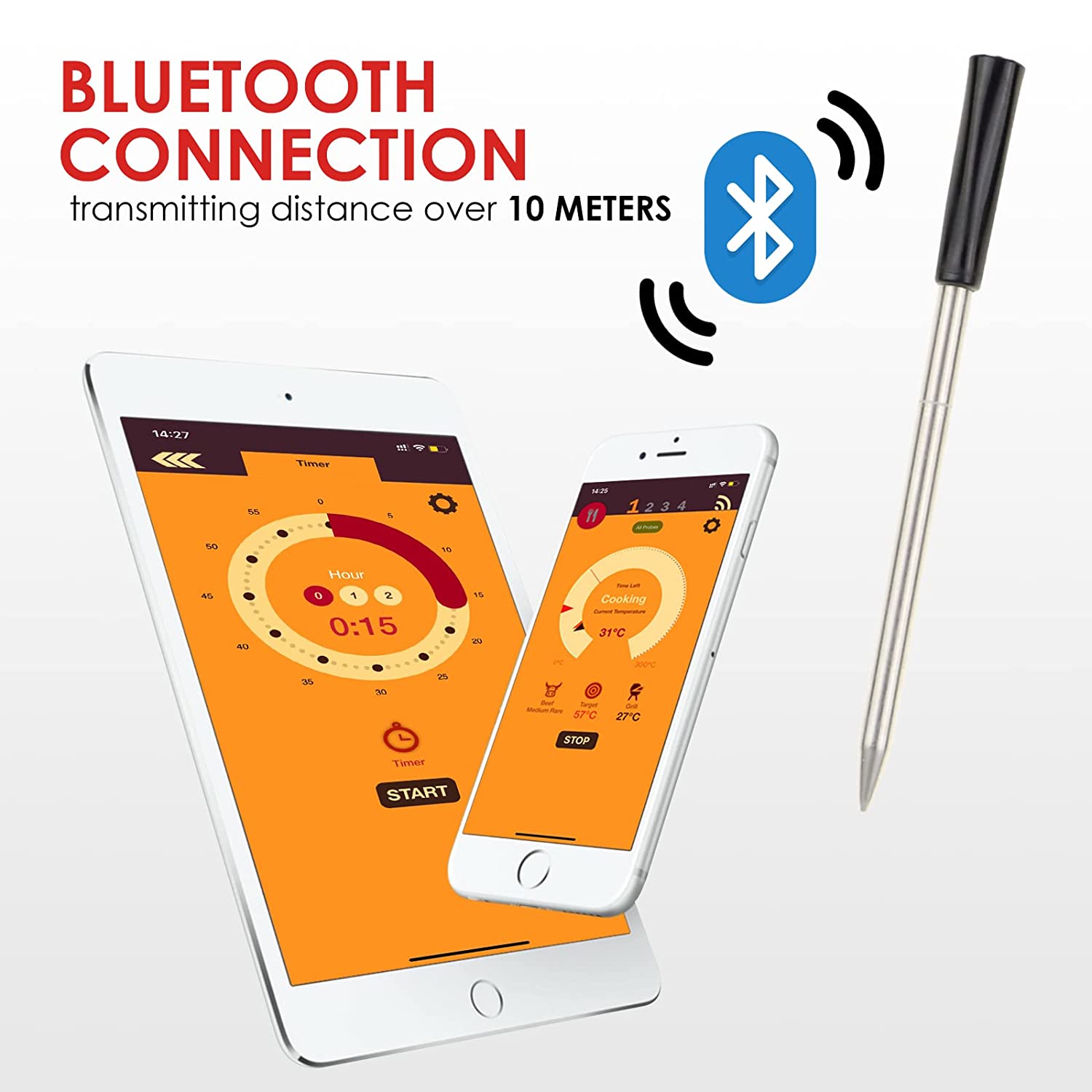 Termometro Per Carne Senza Fili Bluetooth - 2 Sonde, 100m Di Portata, Impermeabile IPX7, Per BBQ E Forno