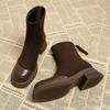 Retro Style Women's Back Zipper Simple Comfortable Cotton Boots Brown Thick Sole Daily Casual Versatile Women's Short Boots