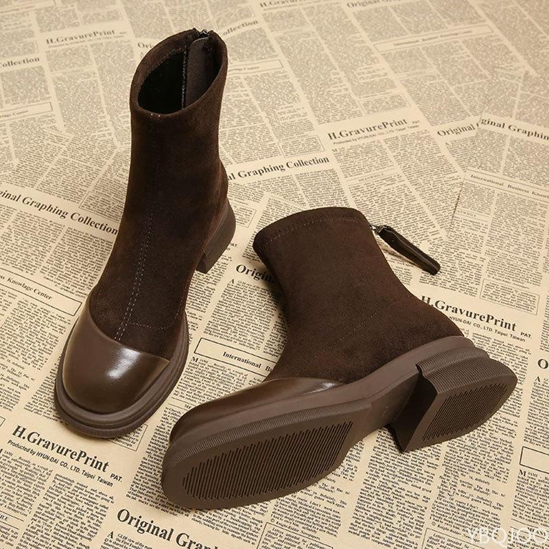 Retro Style Women'S Back Zipper Simple Comfortable Cotton Boots Brown Thick Sole Daily Casual Versatile Women'S Short Boots