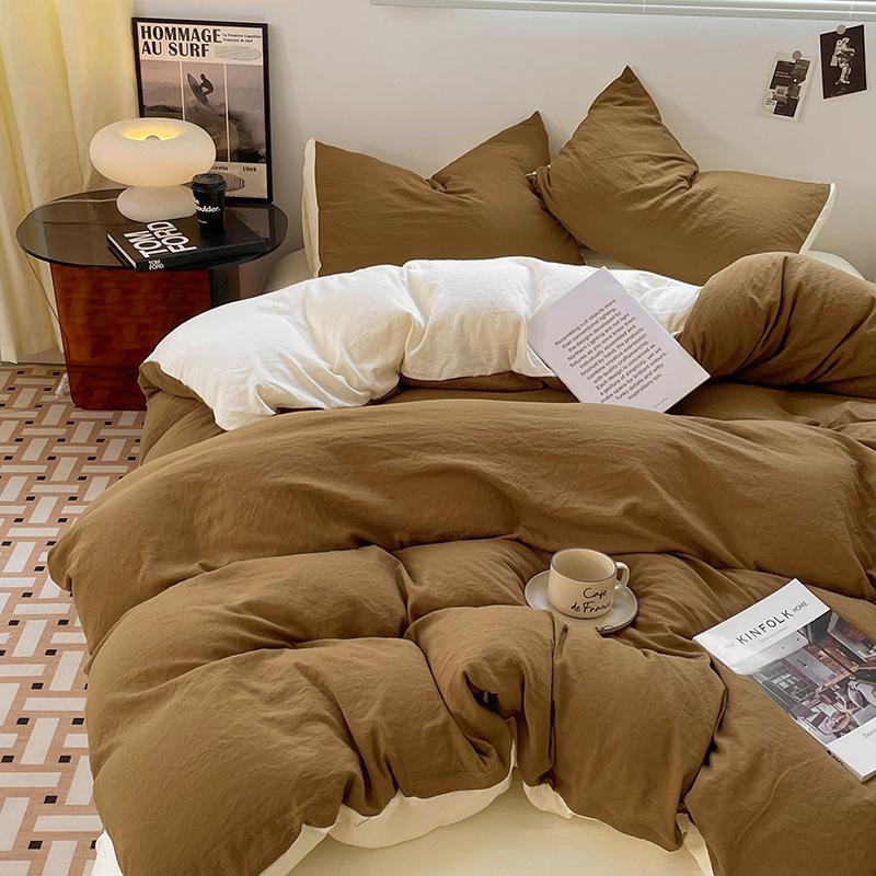 Four-piece Set for Sleeping Naked On Winter Bed, Washed Cotton Sheets, Quilt Cover, Fitted Sheet, Three-piece Set for College Dormitory