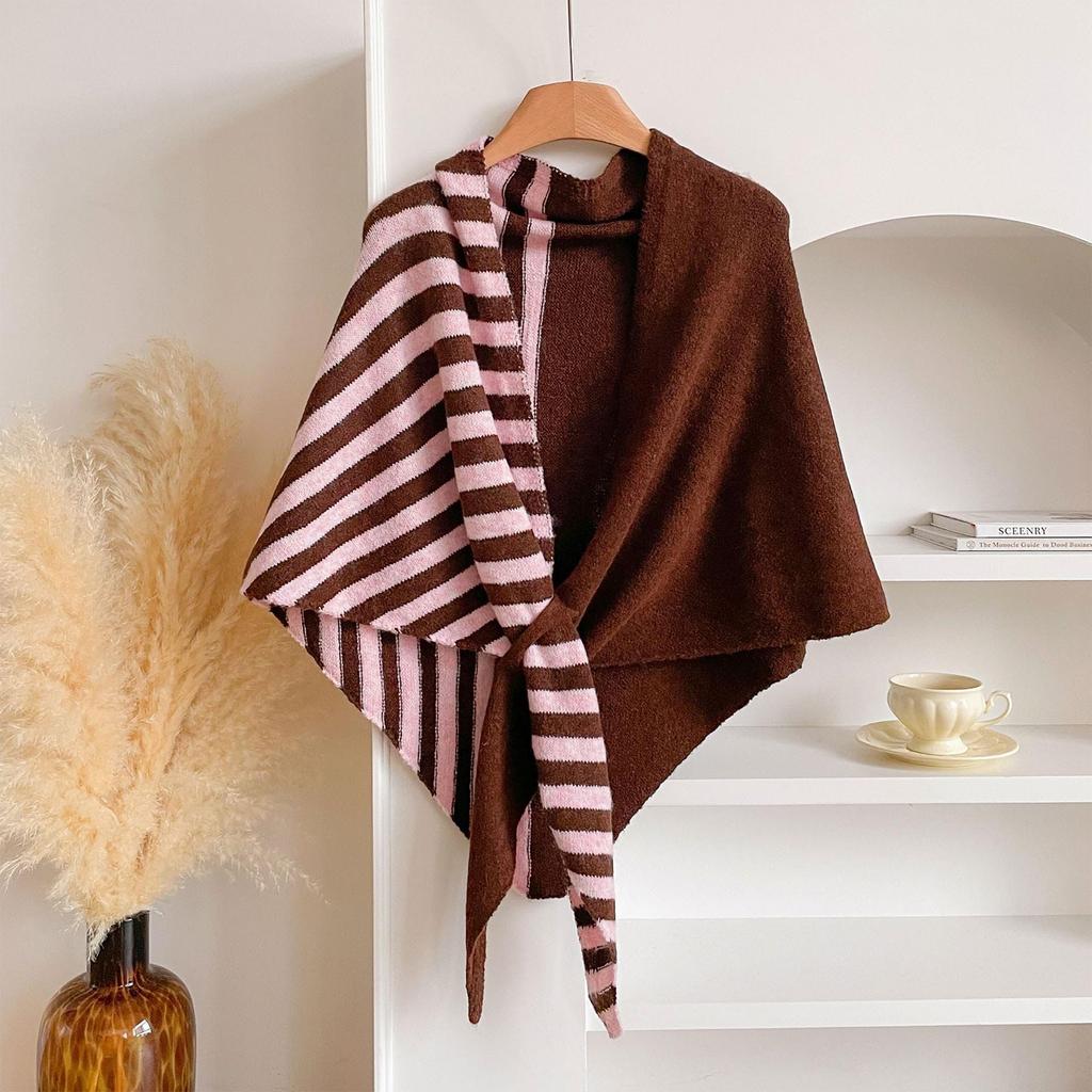 Women's Fashionable Striped Print Knitted Shawl Wool Open Collar Shoulder Top Shawl Scarf