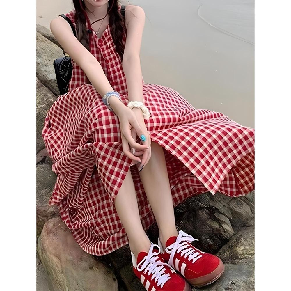 

Красное клетчатое платье-жилет без рукавов женское летнее элегантное новое свободное однобортное платье в ленивом стиле XL- (recommended 110-60kg)