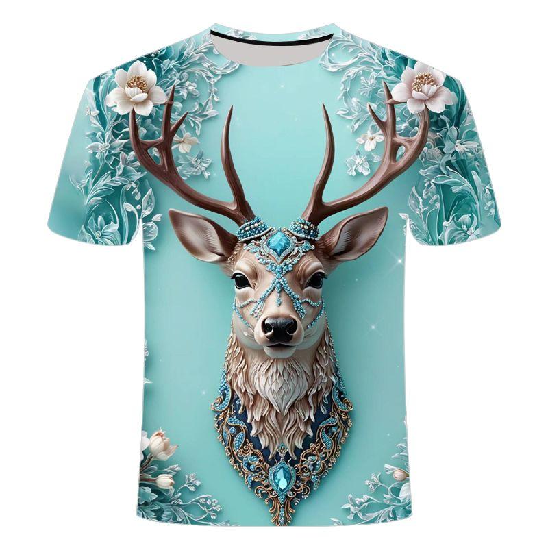 Summer Elk 3D Pattern Short Sleeve T-shirt Loose Summer Trendy Fashion Men's and Women's Round Neck T-shirt