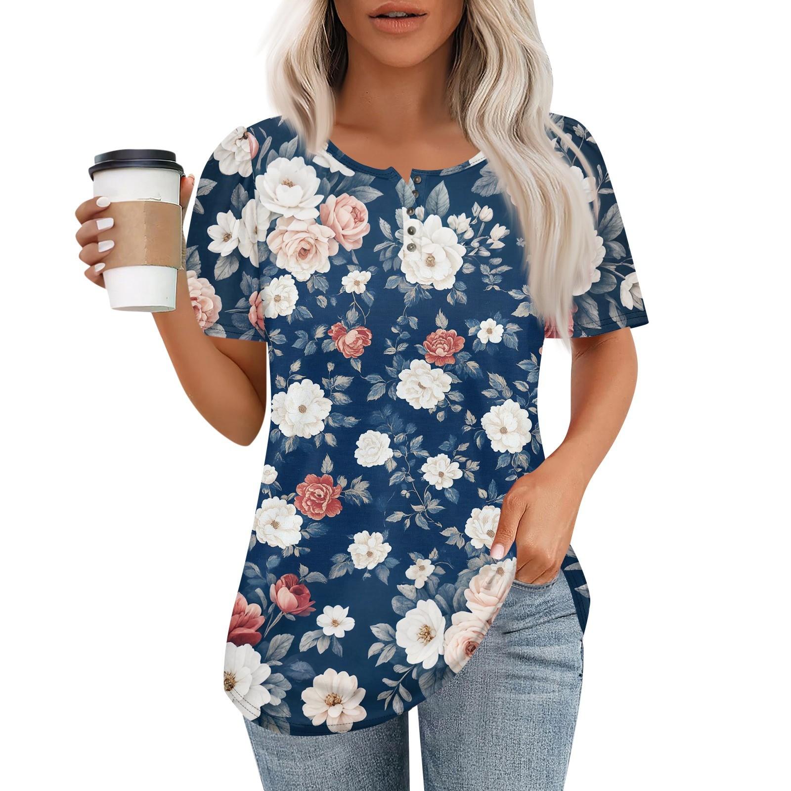 

Женский модный повседневный короткий рукав пуловер с принтом на пуговицах и круглым вырезом XXXL