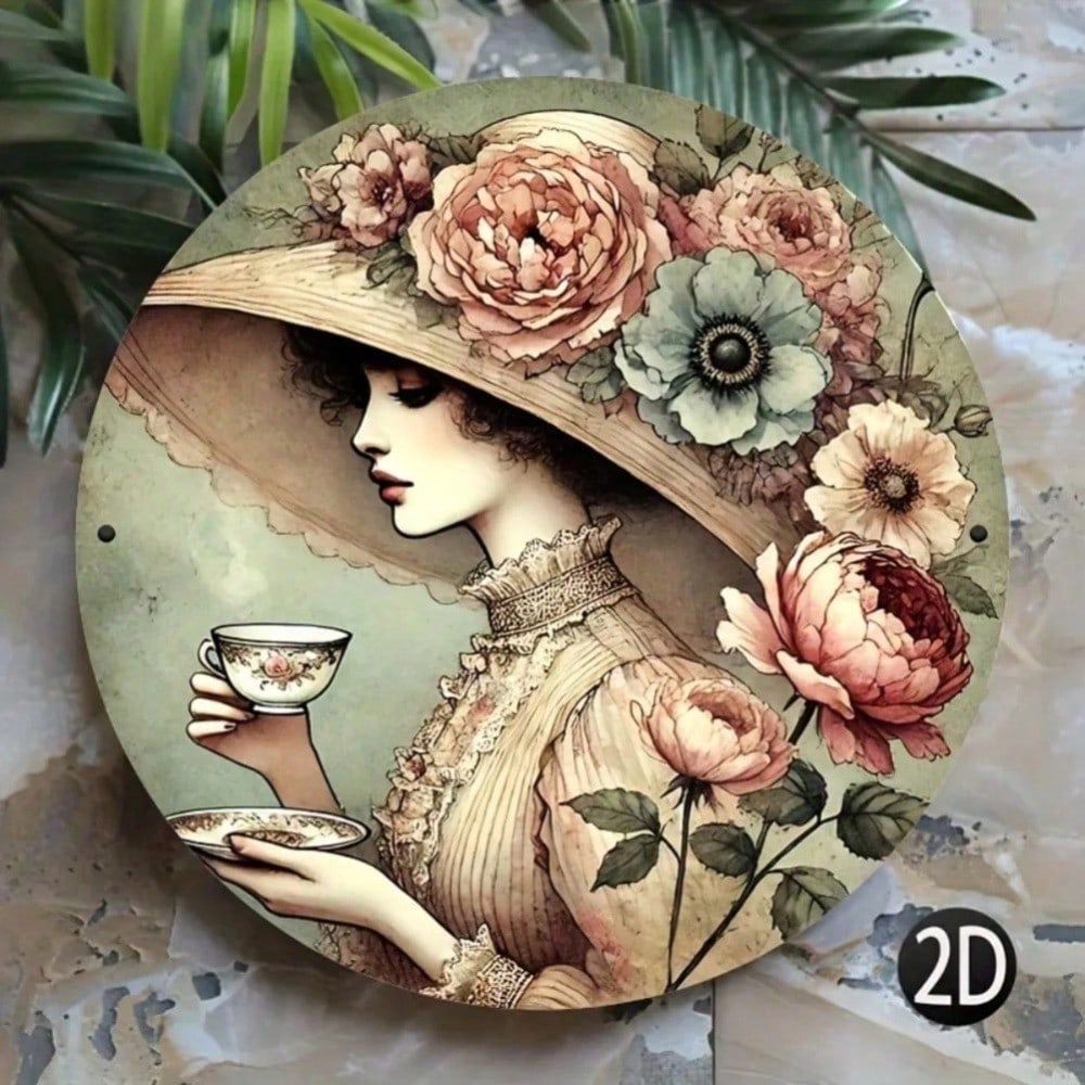 

Vintage Victorian Floral Lady Metal Wall Sign, 2D Flat Plaque, Rustic Home Garden Outdoor Art, Easy Hang Decor 20x20 різнокольоровий