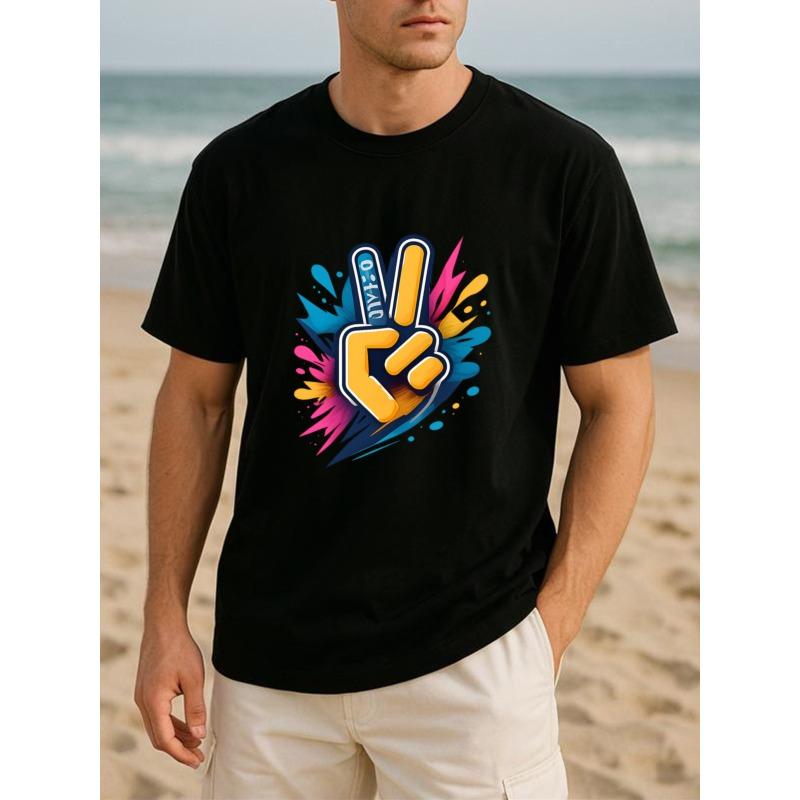Men's Victory Gesture Timer T-Shirt - Soft Breathable Casual Crew Neck Short Sleeve with Victory Sign Print, Suitable for, Gym & Casual Attire