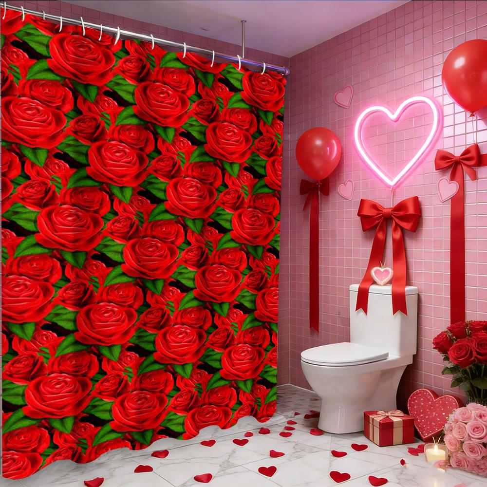 Valentine's Day Love Heart Rose shower curtain, bathroom shower waterproof curtain with 12 hooks, fish shaped home decoration