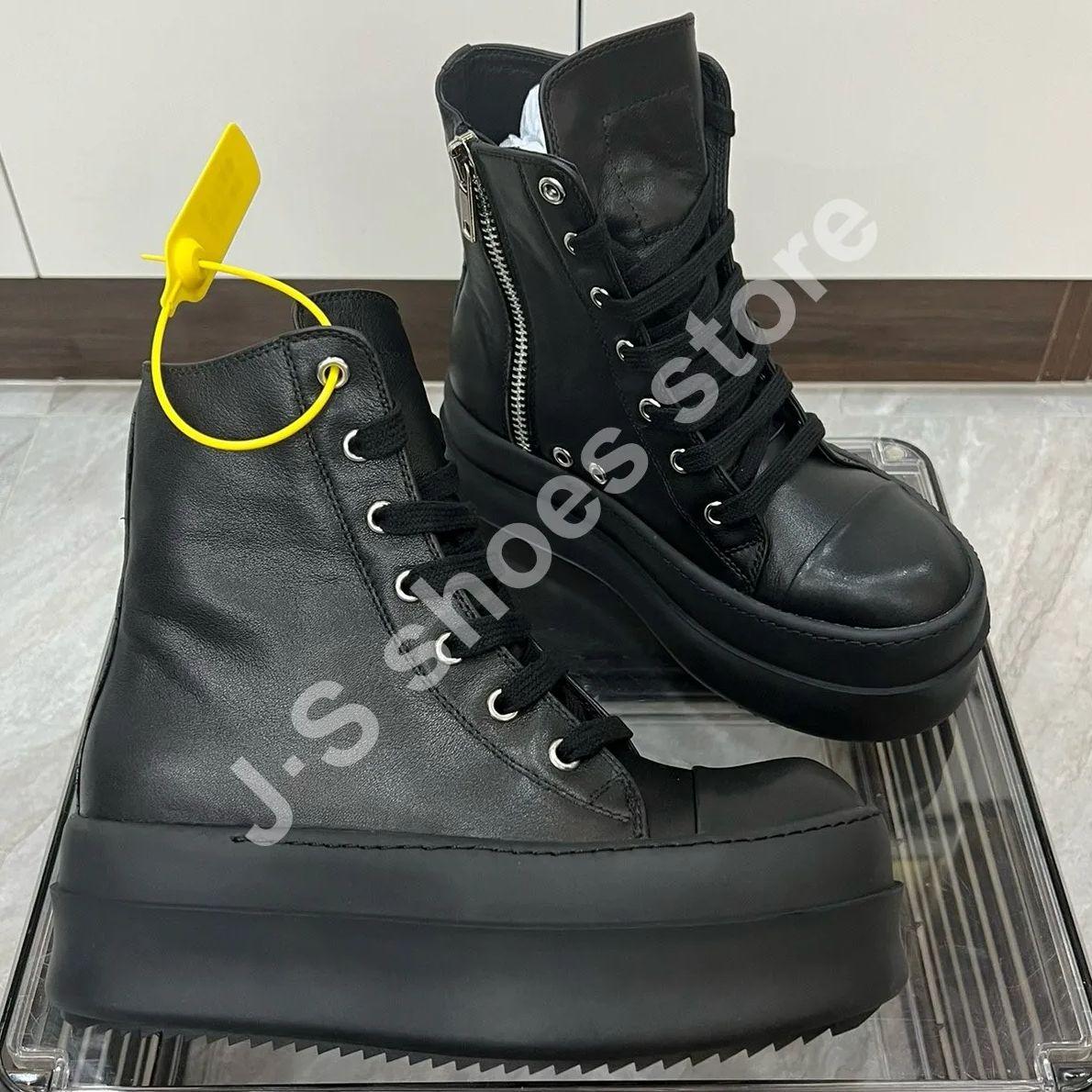 

R-o Роскошная мужская обувь Черная кожа Высокие кроссовки Женские кроссовки Повседневные ботинки На молнии 6 см Толстая подошва Кроссовки Туфли Ботильоны 48 чёрный