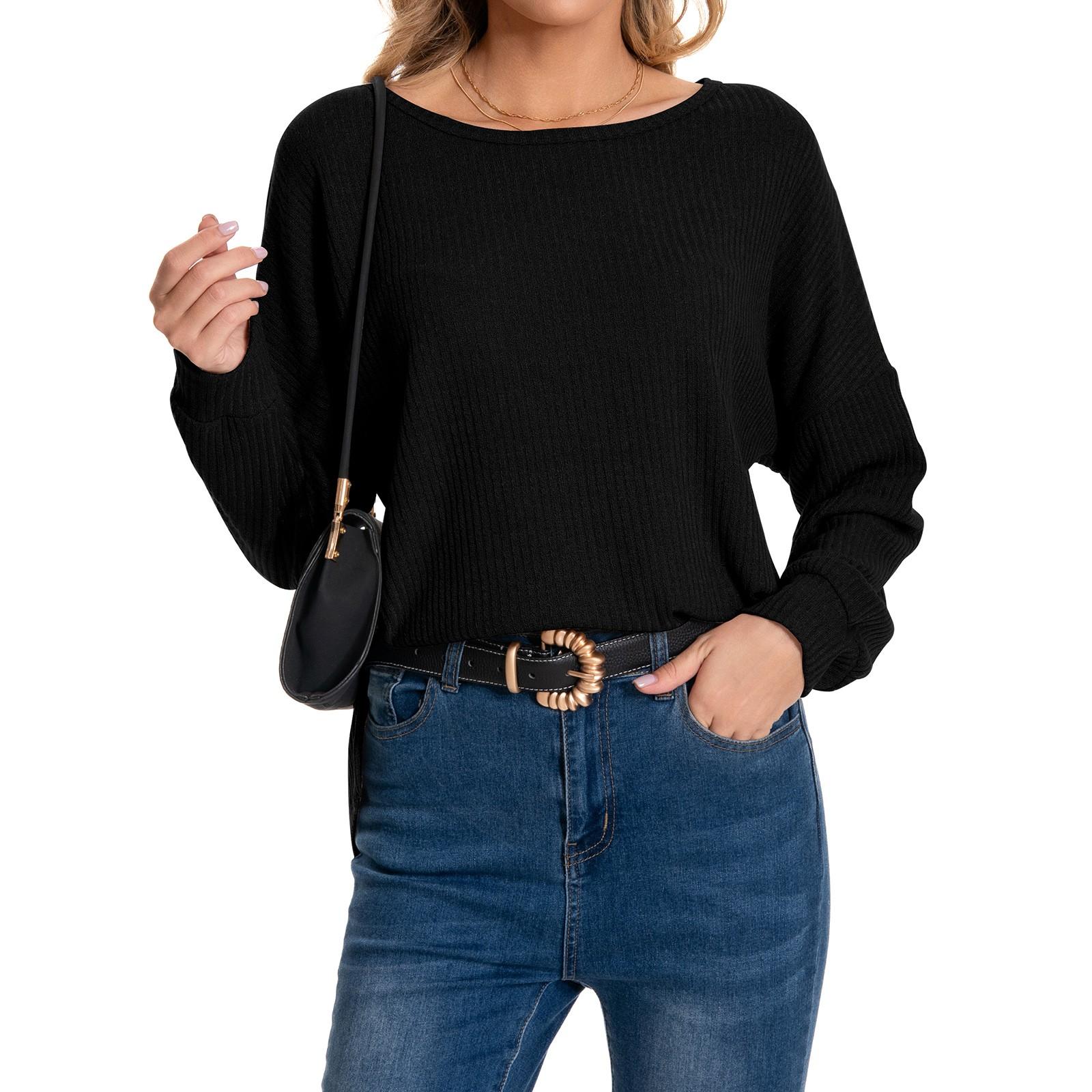 

Женская мода повседневная круглая горловина длинный рукав однотонный удобный свободный топ L чёрный