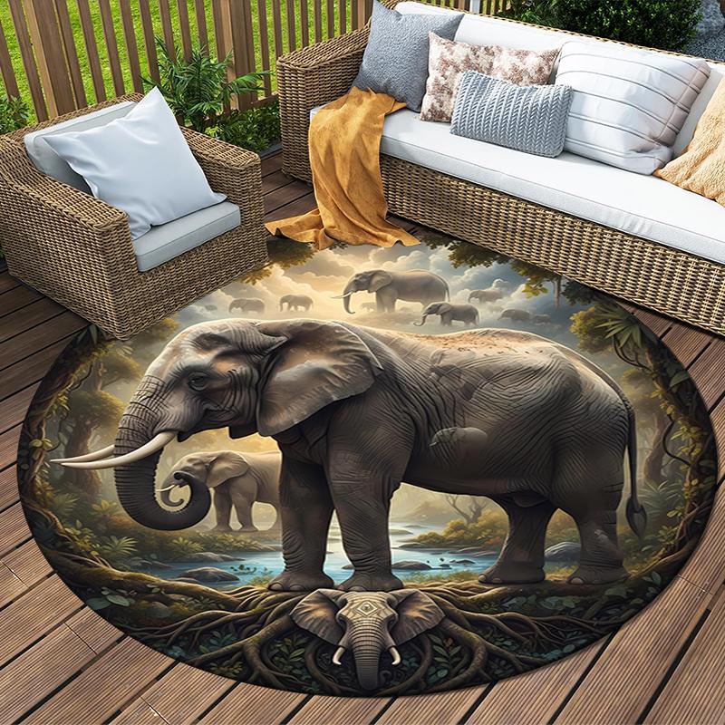 Elephant Lion Round Area Rug,Carpet Rug for Living Room Bedroom Sofa Playroom Decor,Non-slip Floor Mat