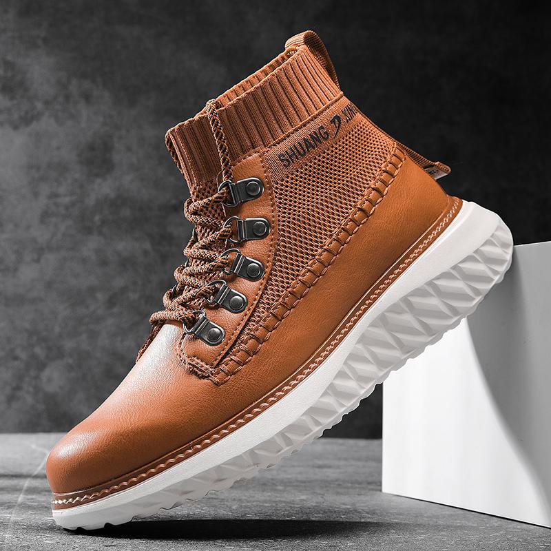 Fashion Leather Sneakers Men Thick Soles 5cm High Top Casual Ankle Shoes British Style Height Increasing Big Size 48 49 50