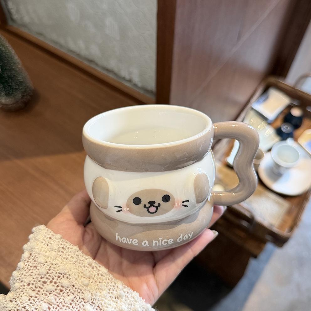 Cute Puppy Mug With Lid Spoon Wind Ceramic Cup Couple Water Cup Girls Household Breakfast Cup Children