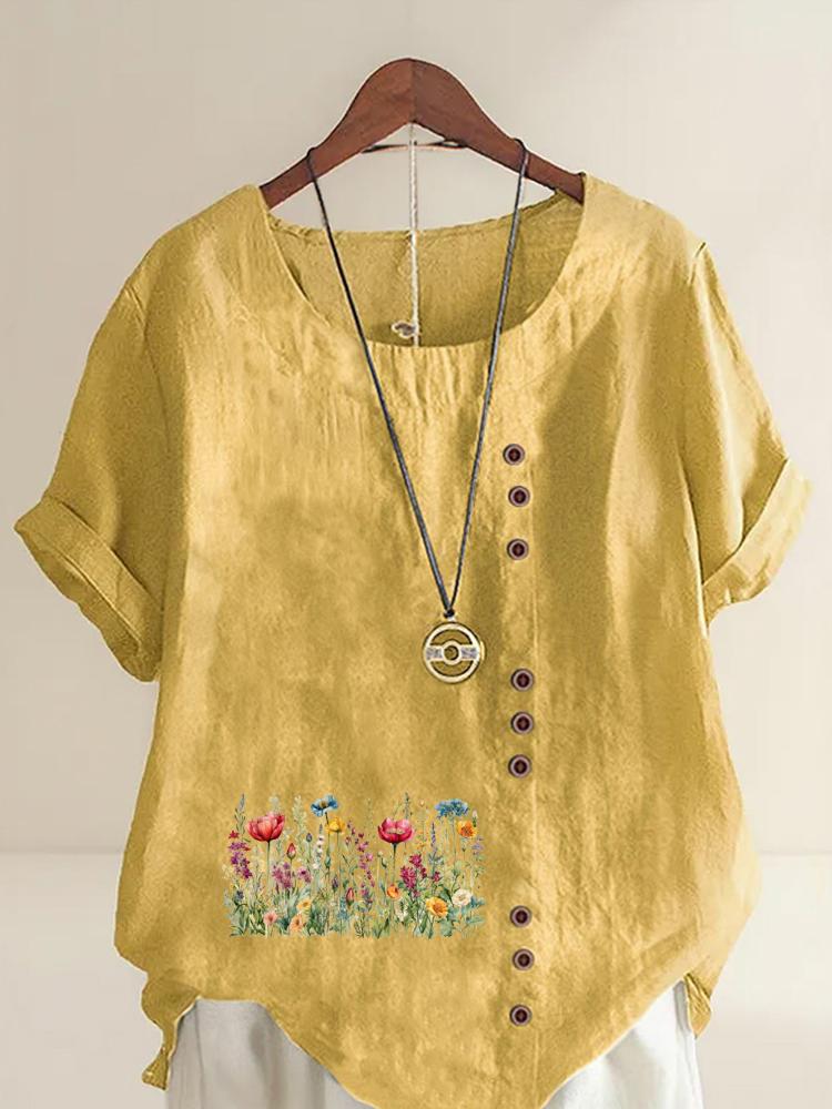 Women's Fashion Flower Bed Print Round Neck Short Sleeve T-shirt Casual Cotton Linen Graphic Shirt Leisure Loose Summer Blouse Tops