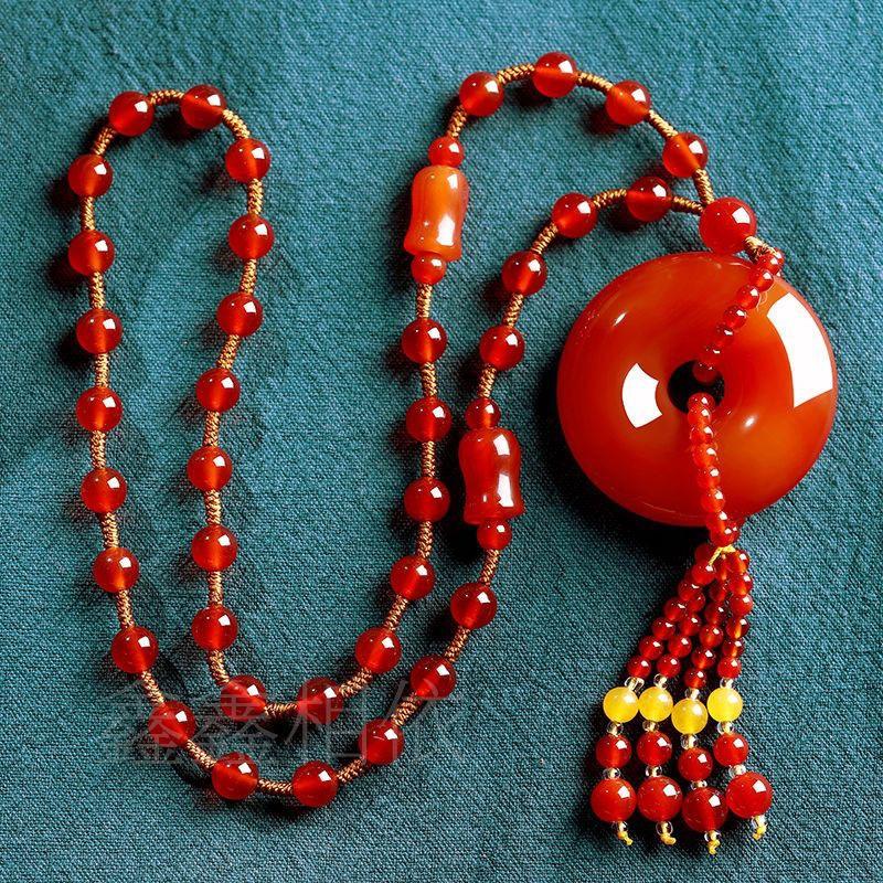 GEMCHIC Women s Ethnic Red Agate Donut Pendant Necklace Long Tassel Sweater Chain Lucky Amulet Jewelry for Mom