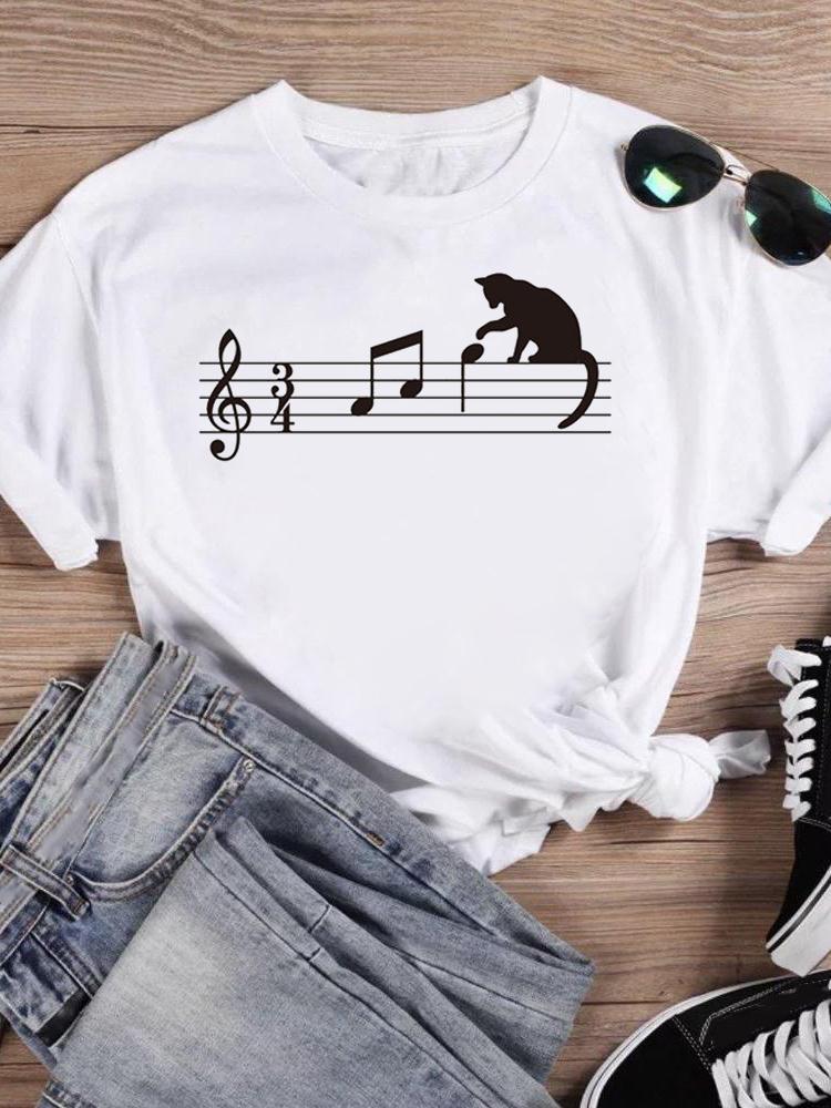 

Spring Summer Womens Short Sleeve Tshirt Fashion Animal Cat Print Slim Fit Soft Modal Fabric Aesthetic Streetwear Base Shirt S