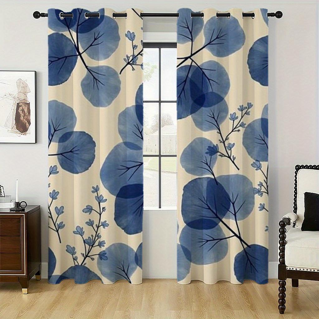 2 szt. Zasłony z nadrukiem niebieskich liści   Tkanina poliestrowa   Można prać w pralce   Nadają się do dekoracji sypialni salonu