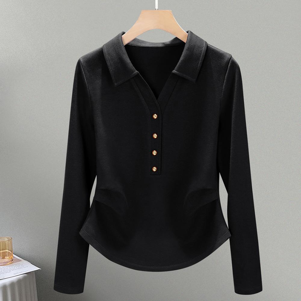 Cotton t casual polo collar slim and thin long-sleeved women's summer and autumn new pleated bottoming shirt top