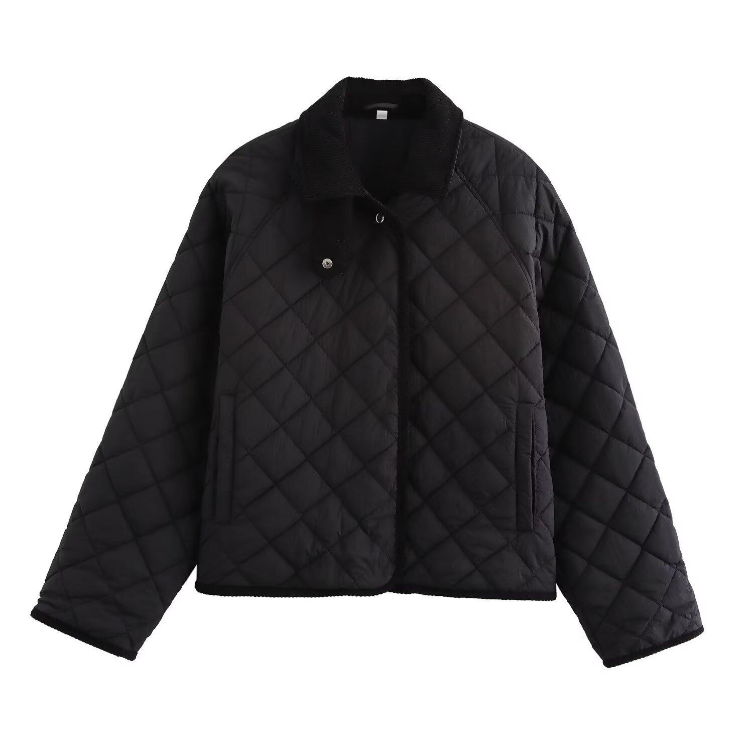 

Осенняя новая женская одежда, двухцветная ромбовидная короткая версия водолазки хлопковая куртка L чёрный