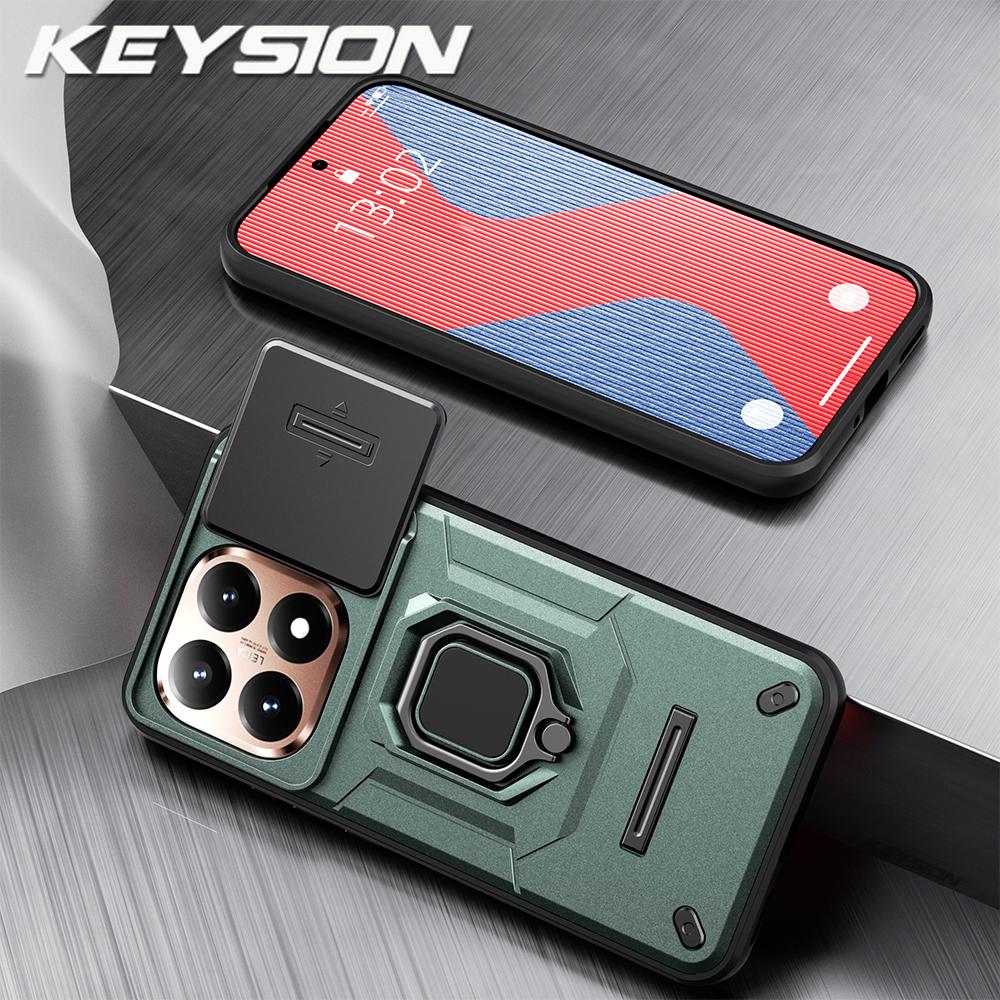 KEYSION Shockproof Armor Case for Xiaomi 15T Pro 5G Slide Camera Protection Metal Ring Stand Phone Back Cover for Xiaomi 15T 5G